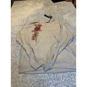 Poof Womens‎ Beige Floral Embroidered Crewneck Sweater Size S NWT Y2K